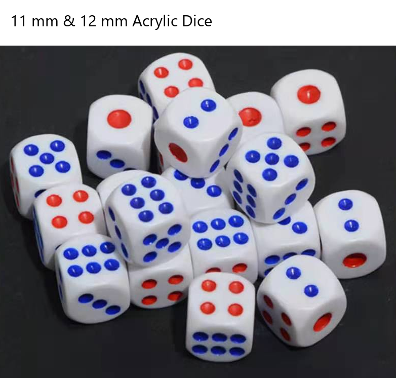 11 mm and 12 mm Acrylic Dice with Red or Blue Pips
