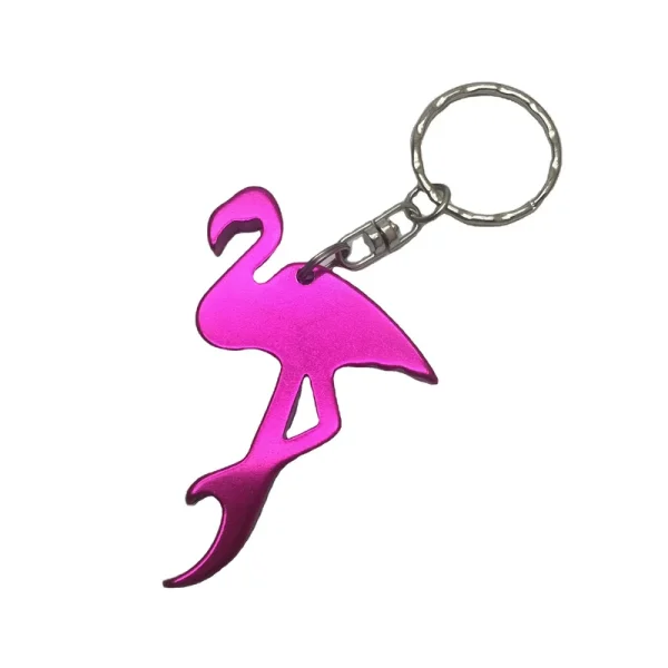 Pink flamingo-shaped opener with keyring.