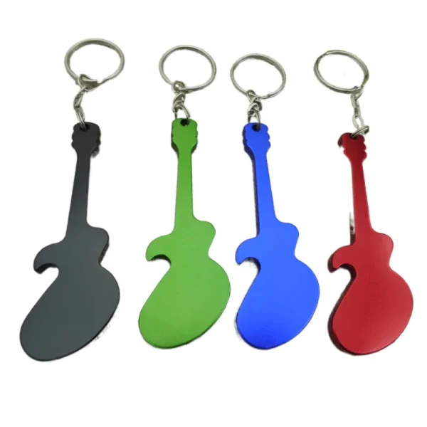Black, Green, Blue and Red guitar-shaped keyring openers.