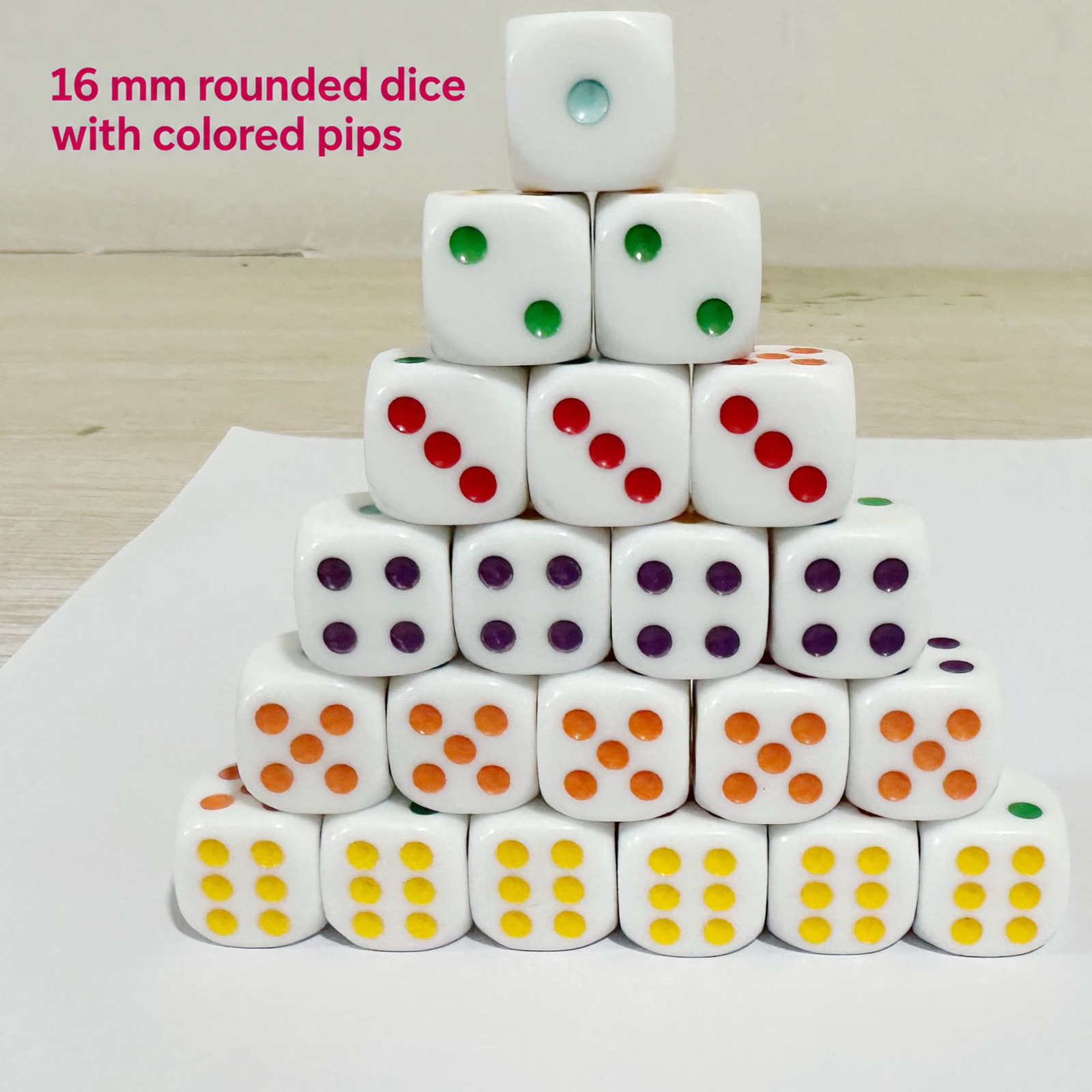 16 mm Acrylic Dice with Colored Pips and Rounded Corners