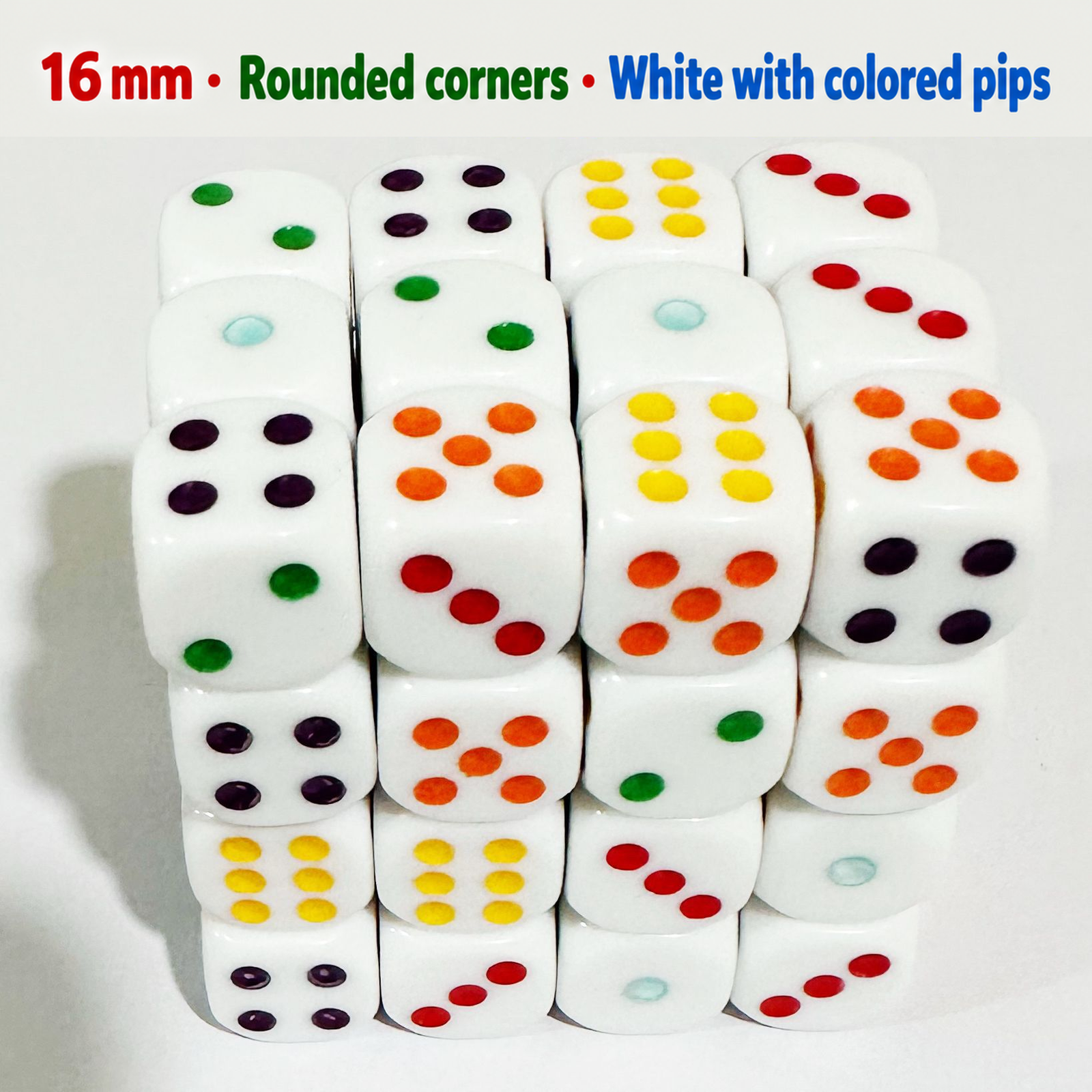 16 mm Acrylic Dice with Colored Pips and Rounded Corners