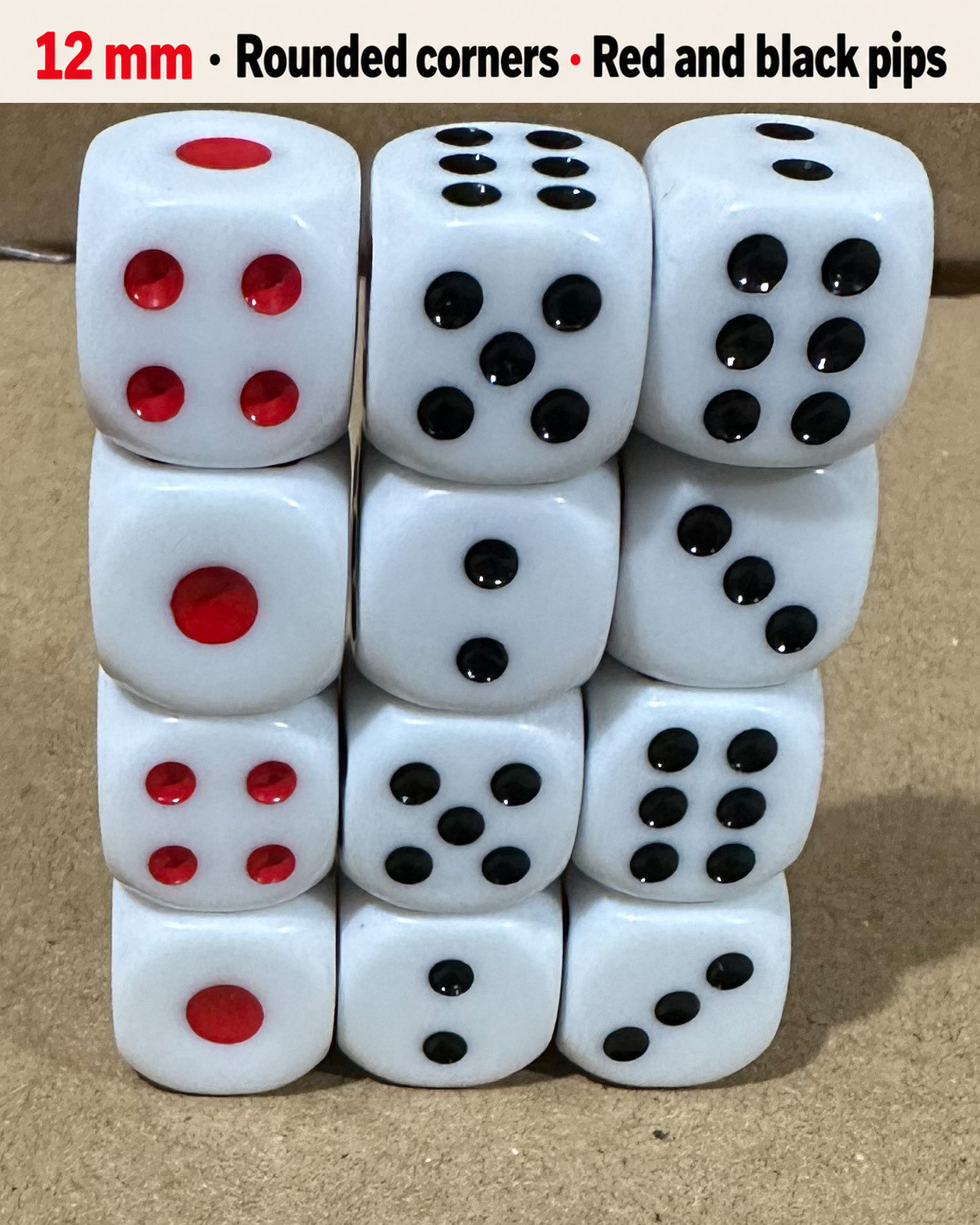 12 mm White Acrylic Dice with Red and Black Pips